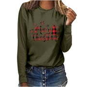 Odeerbi Christmas Tops For Women Long Sleeve Blouses MERRY CHRISTMAS Tree Floral Print 2025 Casual Round Neck T-shirt White